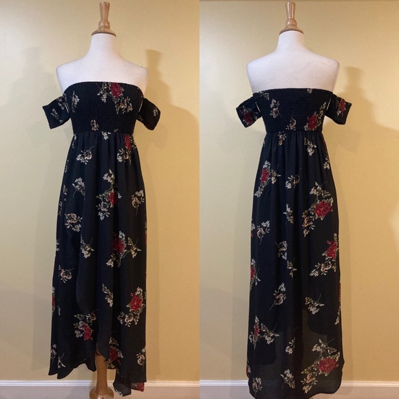 Off Shoulder Rose Floral Smocked Faux Wrap Dress - Picture 2 of 4